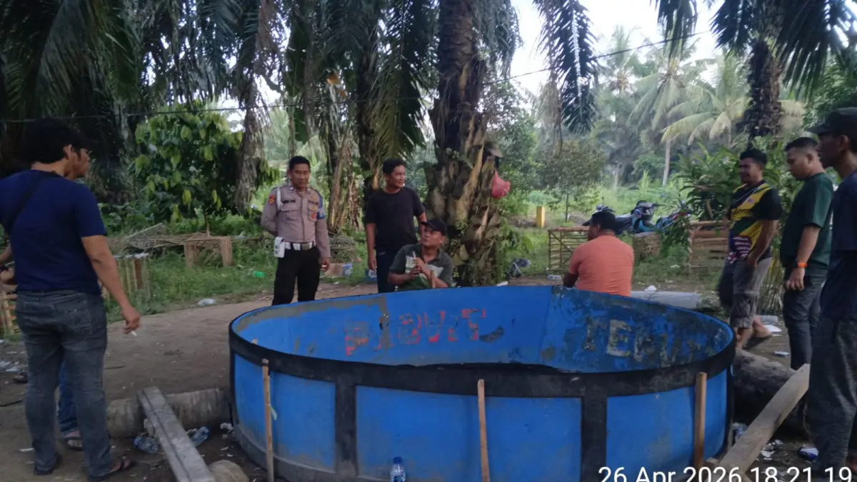 Petugas kepolisian mengecek lokasi yang diduga menjadi arena sabung ayam di Desa Penggalangan, Serdang Bedagai, Minggu (26/4/2026). (Azan Purba / Sumut Pos)