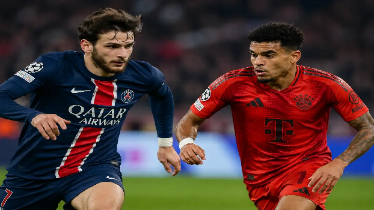 PRODUKTIF: Wide attacker PSG Khvicha Kvaratskhelia dan Wide attacker Bayern Munchen Luis Diaz merupakan pemain tersubur di Liga Champions musim ini. (chatgpt)
