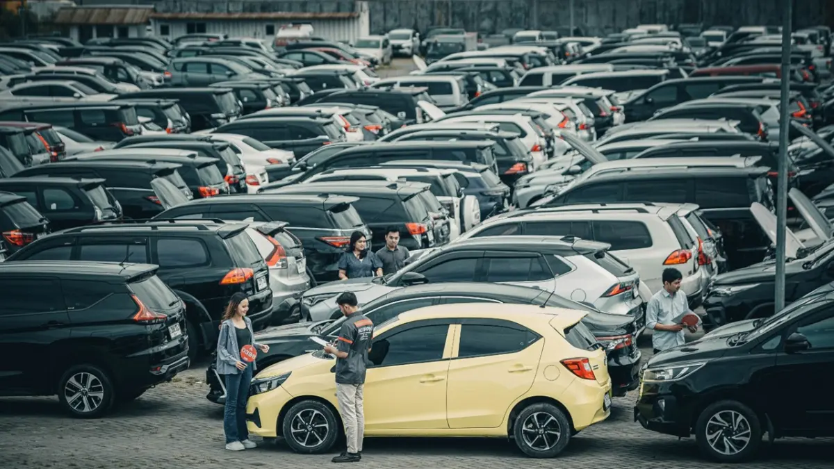 LAYANI: Tim marketing JBA Indonesia sedang melayani konsumen yang akan melakukan pembelian unit mobil second.