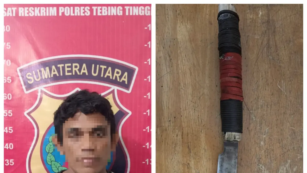 Pelaku penganiayaan saat diamankan Sat Reskrim Polres Tebing Tinggi (kiri) dan barang bukti parang. (AZAN PURBA/SUMUT POS)