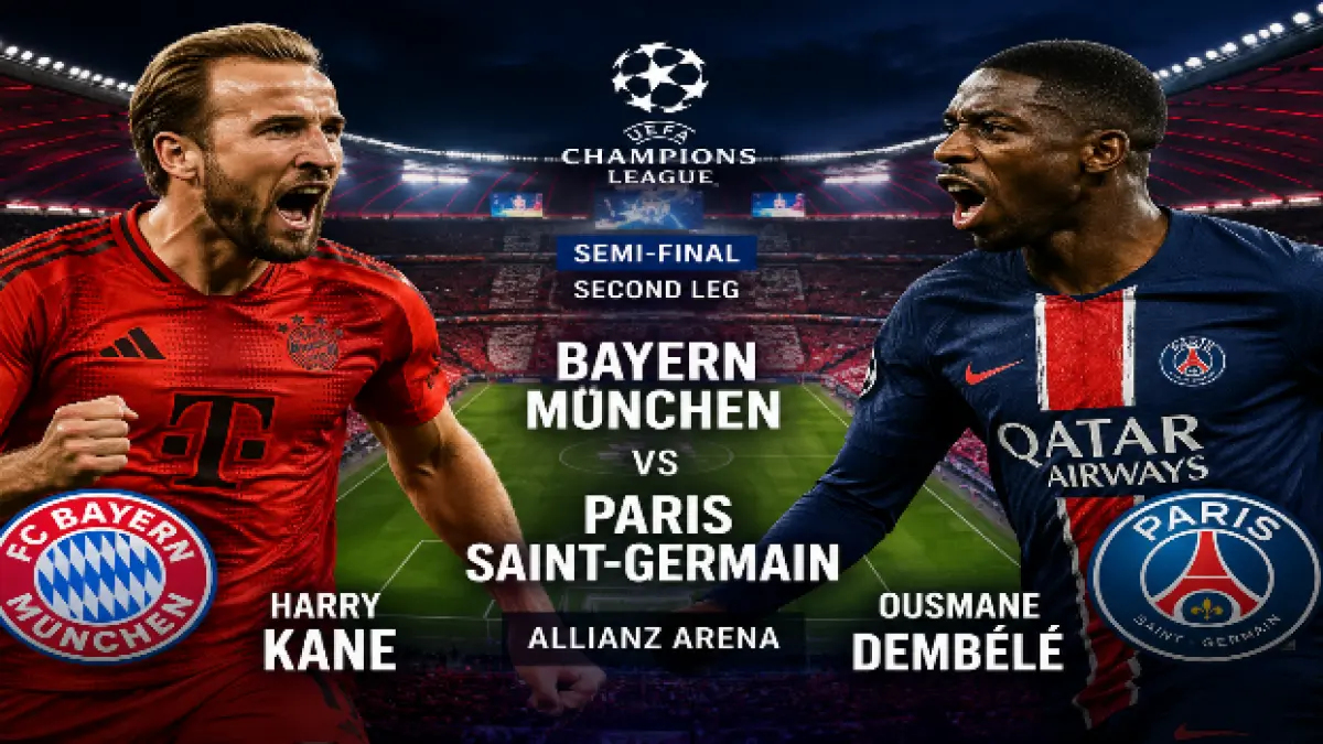 MESIN GOL: Bomber Bayern Munchen Harry Kane (foto atas) dan false nine Paris SaintGermain Ousmane Dembele kembali beradu ketajaman dalam second leg semifinal Liga Champions di Allianz Arena, Munchen, dini hari nanti (7/5). (chatGpt)
