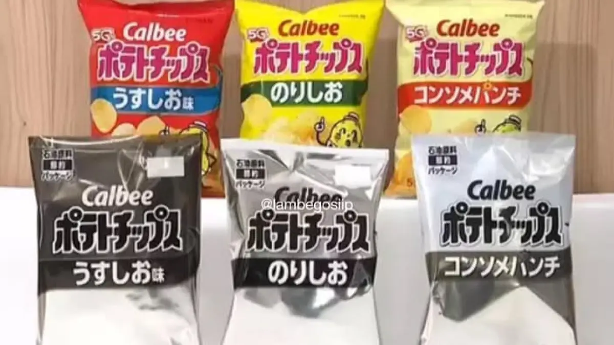 Kemasan camilan Jepang yang selama ini identik dengan warna-warna cerah kini berubah menjadi hitam putih. (Instagram @lambegosiip)