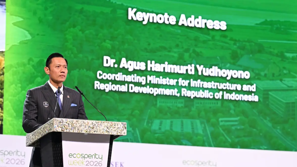 Menteri Koordinator Bidang Infrastruktur dan Pembangunan Kewilayahan Agus Harimurti Yudhoyono (AHY) menyampaikan pidato dalam forum internasional Ecosperity Week 2026. (Foto: Dok Kemenkoinfra)