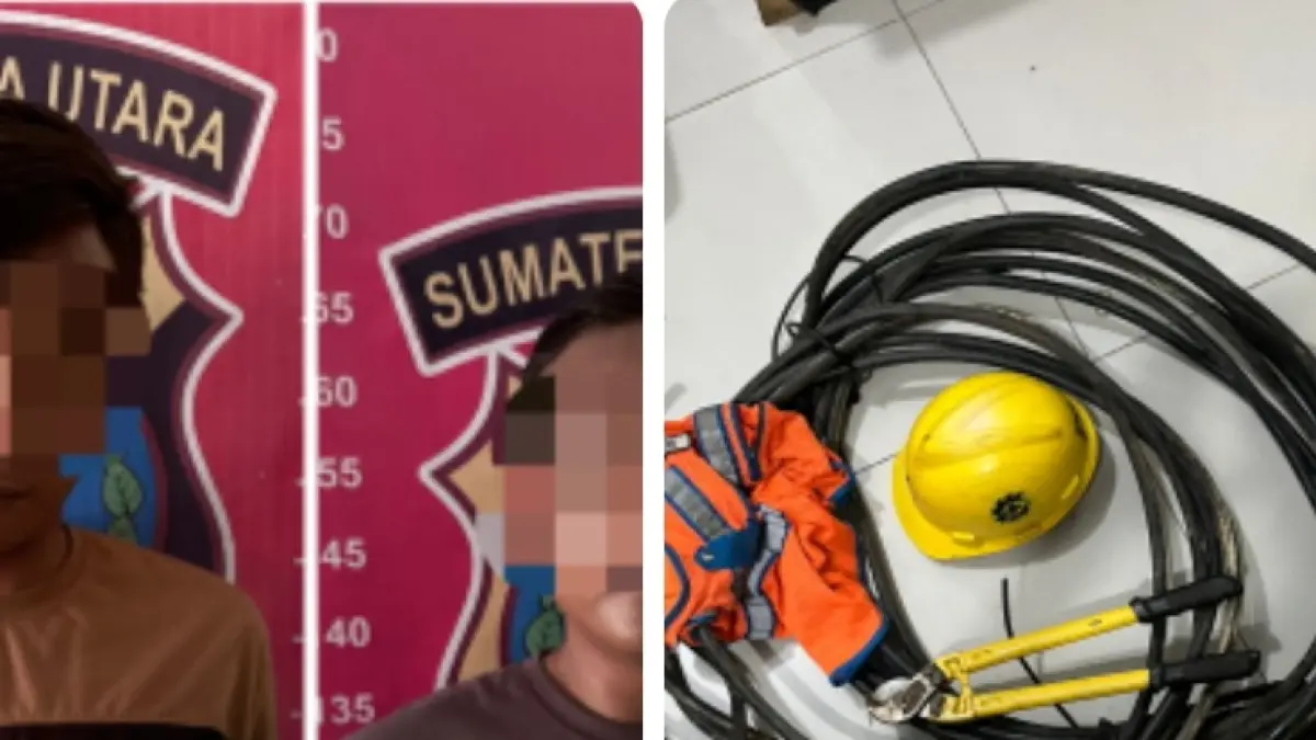 Dua tersangka pencurian kabel listrik milik PT PLN Persero ULP Tebing Tinggi beserta barang bukti berupa kabel listrik, helm, rompi, dan alat pemotong kabel diamankan Satreskrim Polres Tebing Tinggi. Pelaku diketahui menyamar sebagai petugas PLN saat menjalankan aksinya(26/05/2026). (Azan Purba / Sumut Pos)