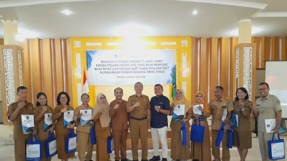 Sekdako Tebing Tinggi Erwin Suheri Damanik menghadiri sosialisasi produk pensiun PT Bank Sumut bagi ASN yang akan memasuki masa BUP tahun 2026–2027 di Gedung Hj. Sawiyah, Jalan Sutomo, Kota Tebing Tinggi, Selasa (26/5/2026), (Azan Puba/ Sumut Pos)