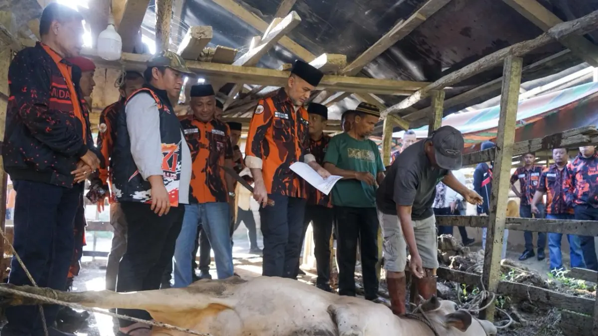 Ketua MPW PP Sumut Musa Rajekshah menyaksikan penyembelihan hewan kurban kepada  warga korban terdampak banjir dan sejumlah pesantren di Aceh Tamiang. (Dokumentasi MPW PP Sumut/Sumut Pos)
