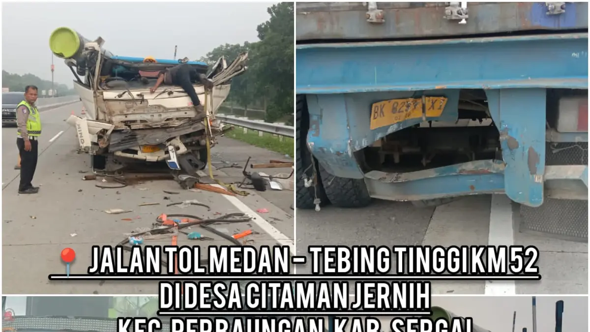  Truk Hino ringsek usai menabrak bagian belakang trailer di Tol Medan-Tebing Tinggi KM 52, Sergai, Minggu 31/5/2026. (Humas Polres Sergai)