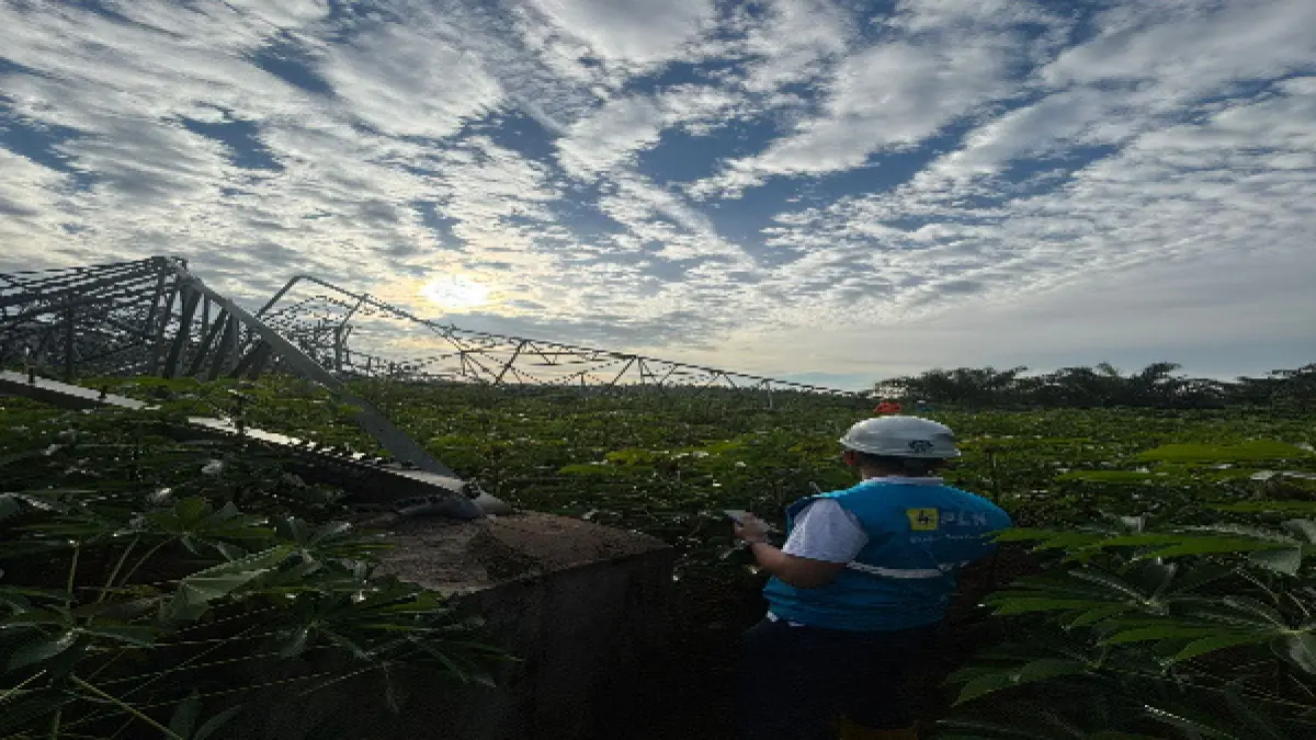 
 Petugas PLN melakukan pengecekan di lokasi robohnya tower transmisi akibat cuaca ekstrem berupa hujan lebat disertai angin kencang di Sumatera Utara, Jumat (05/06/2026). (Azan Purba/ Sumutpos)