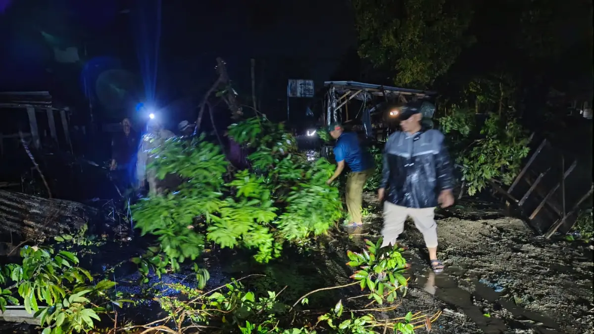 Sejumlah warga melakukan pembersihan dahan dan pohon tumbang di badan jalan di Km 10 Jalan Sunggal, selain pohon tumbang beberapa papan reklame turut tumbang.(Batara/Sumut Pos)