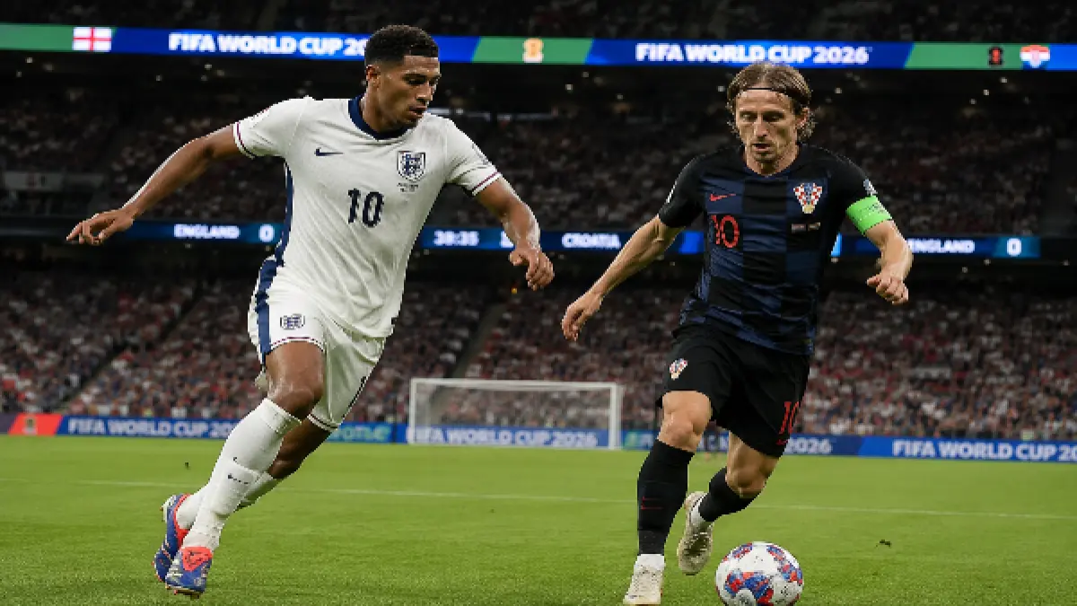 Gelandang Inggris Jude Bellingham bakal beradu kreativitas dengan gelandang Kroasia Luka Modric dalam matchday perdana grup L Piala Dunia 2026 di AT&T Stadium, Arlington, dini hari nanti (18/6). (chatGpt)