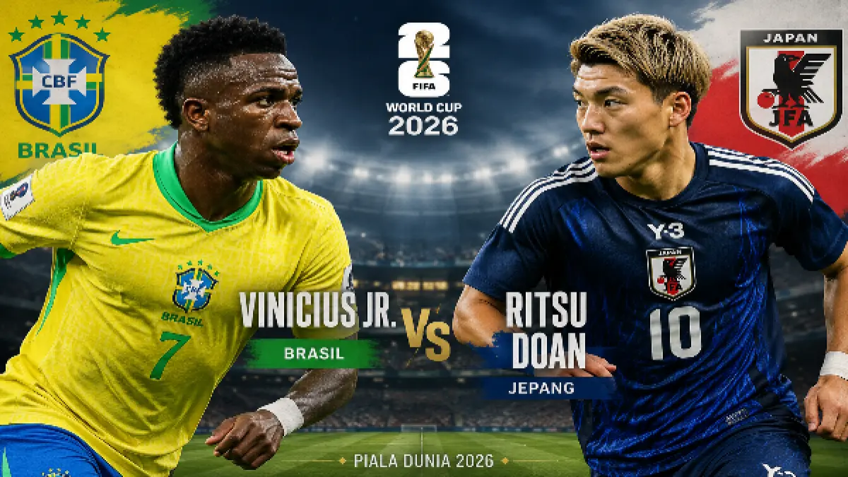 Vinicius Junior (Brasil) dan Ritsu Doan (Jepang) jadi andalan lini serang Brasil dan Jepang dari sektor sayap di Piala Dunia 2026. Keduanya head-to-head di NRG Stadium, Houston, dini hari nanti (30/6). (chatGpt)