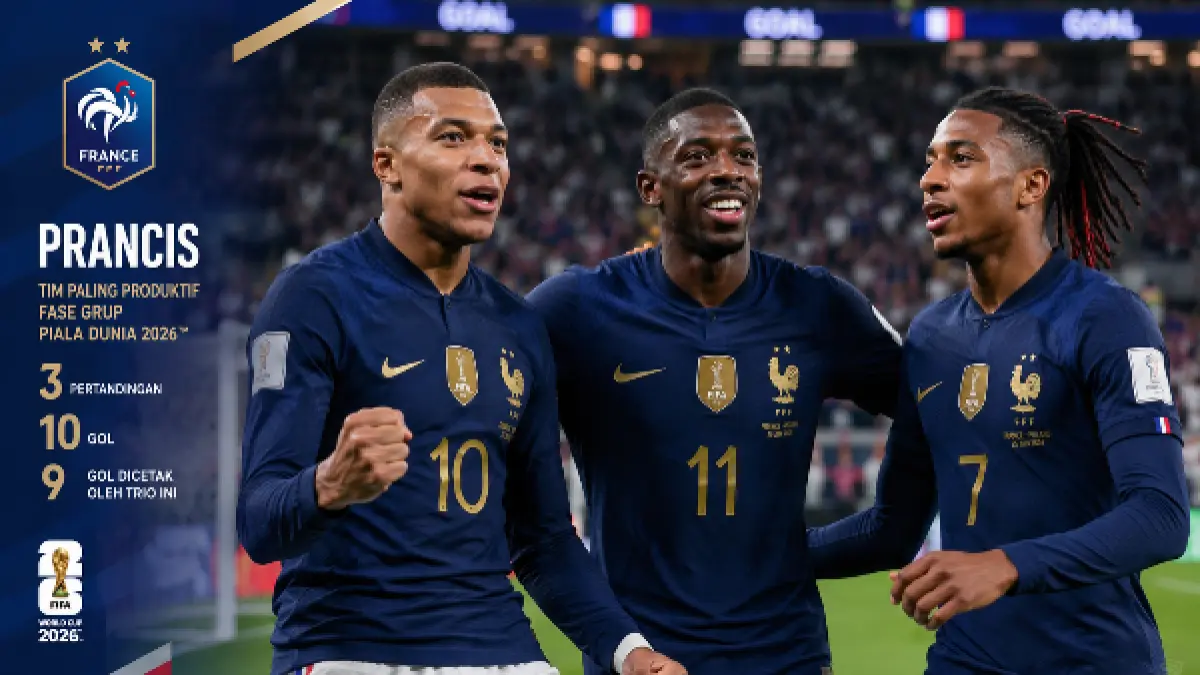  Kylian Mbappe, Ousmane Dembele, dan Michael Olise punya andil menjadikan Prancis sebagai salah satu tim paling produktif di fase grup Piala Dunia 2026. (Gpt AI)