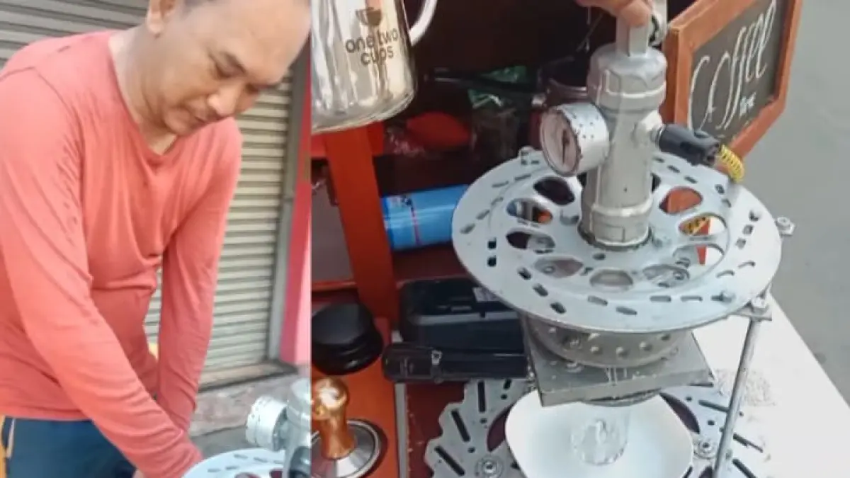 Mesin espresso rakitan yang dibuat dari berbagai onderdil sepeda motor bekas. (Instagram @pandemictalks).
