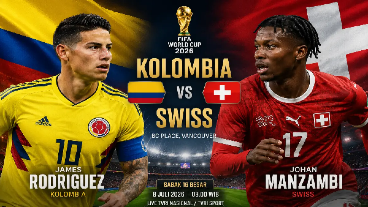  Gelandang serang Kolombia James Rodriguez yang berusia 34 tahun bersaing dengan gelandang serang Swiss Johan Manzambi yang baru berusia 20 tahun pada babak 16 besar Piala Dunia 2026 dini hari nanti (8/7). (Gpt AI)