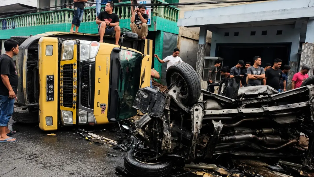 KECELAKAAN: Salah satu kendaraan yang terlibat kecelakaan beruntun di Sibolangit, Deliserdang, Jumat (17/7/2026). (Dok: warga)
