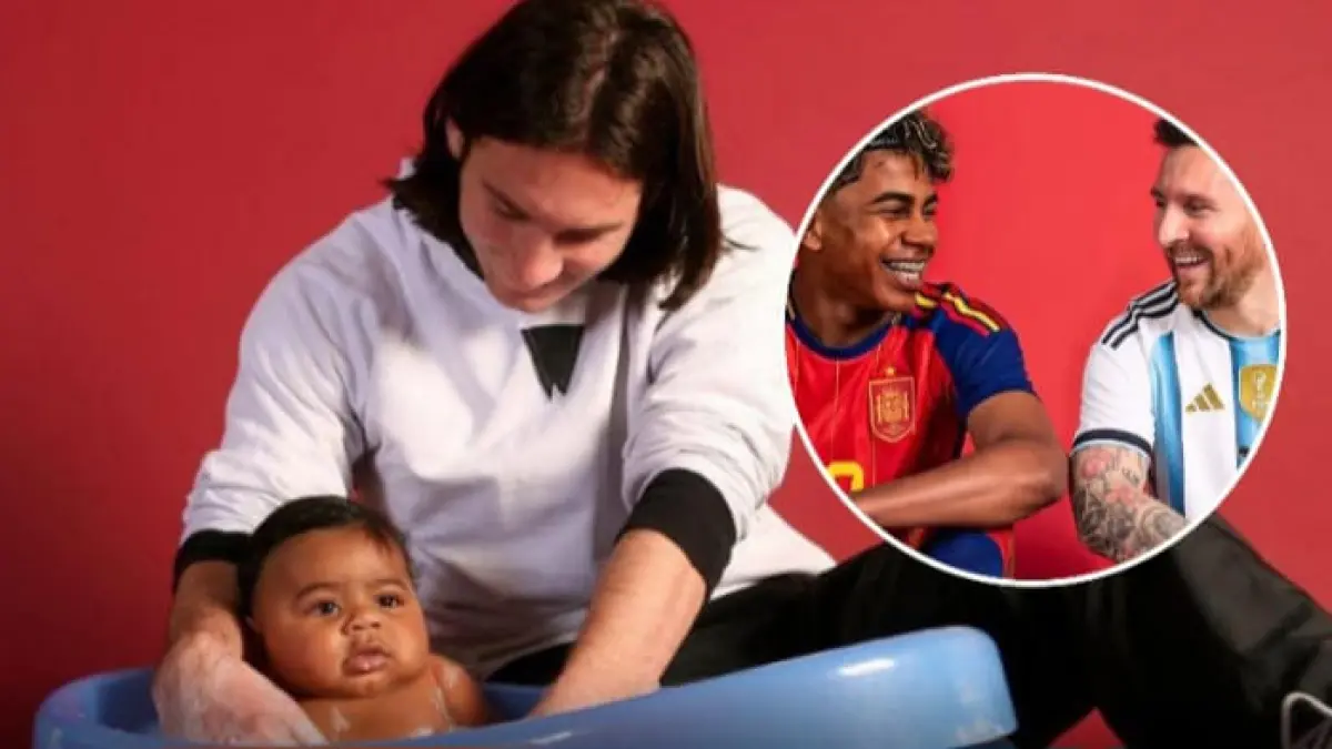 Foto lawas Messi yang sedang menggendong bayi Yamal.(Instagram @pandemicktalks)
