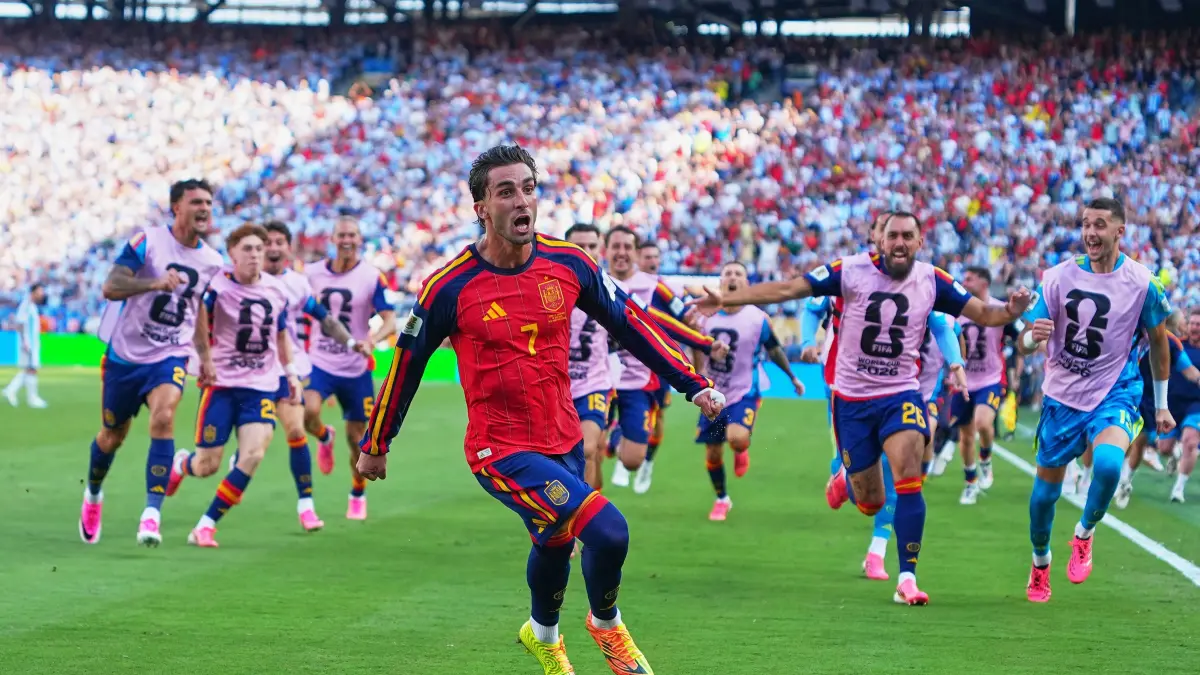 Penyerang Spanyol Ferran Torres merayakan gol pertama timnya dalam pertandingan final Piala Dunia antara Spanyol dan Argentina di East Rutherford, New Jersey, dekat New York, Minggu, 19 Juli 2026. (Foto AP/Julio Cortez)