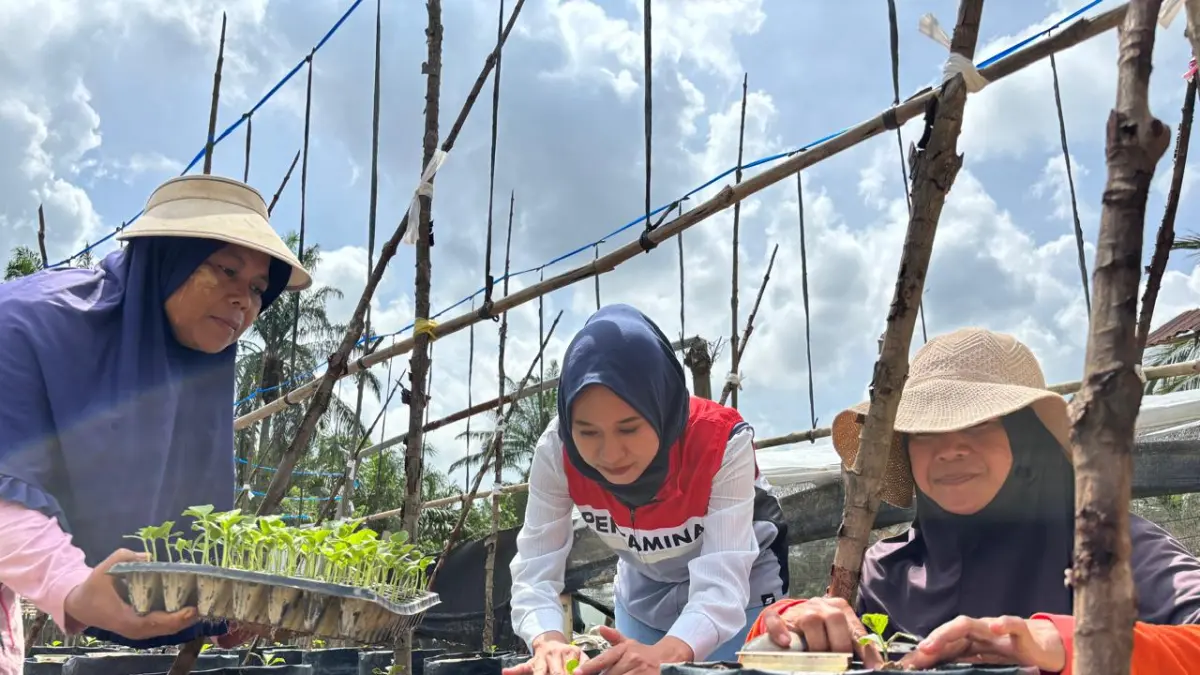 BIBIT: Perwakilan manajemen Pertamina EP Rantau Field bersama anggota Kelompok Tani Melon Mutiara menanam bibit melon di polybag di kebun kelon, Tanjung Seumantoh, Karang Baru, Aceh Tamiang. (Dok: PHR Zona 1)
