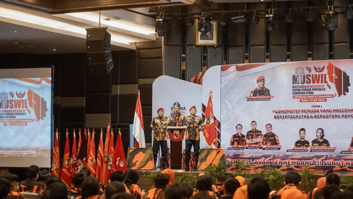 Ketua Majelis Pimpinan Wilayah (MPW) Pemuda Pancasila Sumatera Utara Musa Rajekshah atau Ijeck  membuka Musyawarah Wilayah (Muswil) III SAPMA Pemuda Pancasila Sumatera Utara di Hotel Le Polonia Medan, Rabu (22/7/2026). (Istimewa/Sumut Pos)