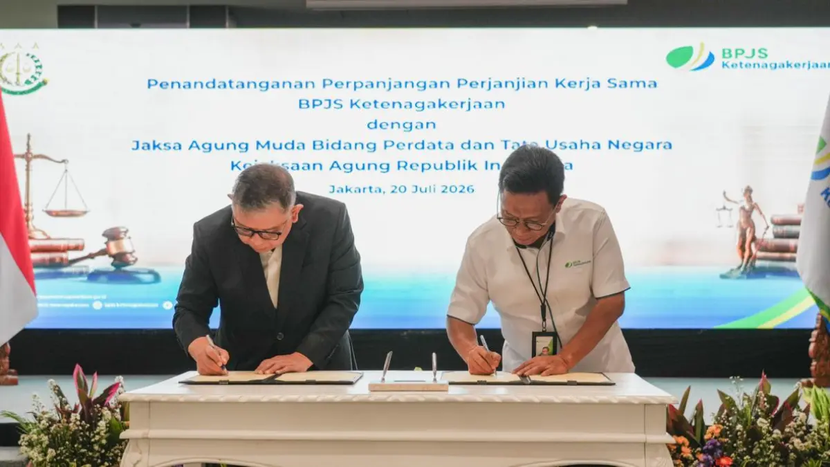 
Penandatanganan perjanjian kerjasama BPJS Ketenagakerjaan dengan Jamdatun di Jakarta. (Humas BPJS Ketenagakerjaan Binjai/Sumut Pos)