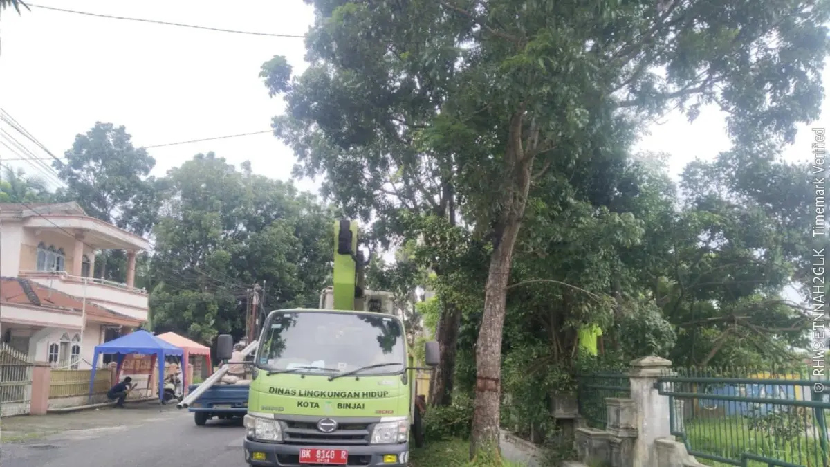 
Tim mitigasi saat melakukan pemangkasan pohon sebagai langkah antisipasi ketika cuaca buruk. (Foto dari DLH Binjai/Sumut Pos)