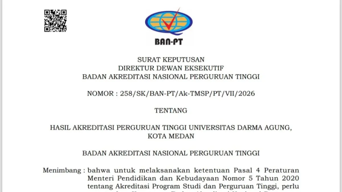 Hasil Akreditasi Institusi Perguruan Tinggi Universitas Darma Agung dengan status Tidak Terakreditasi yang terlihat di halaman resmi Badan Akreditasi Nasional Perguruan Tinggi (BAN-PT) di website ban.pt.or.id yang dilihat pada Senin (10/8/2026). (Website)