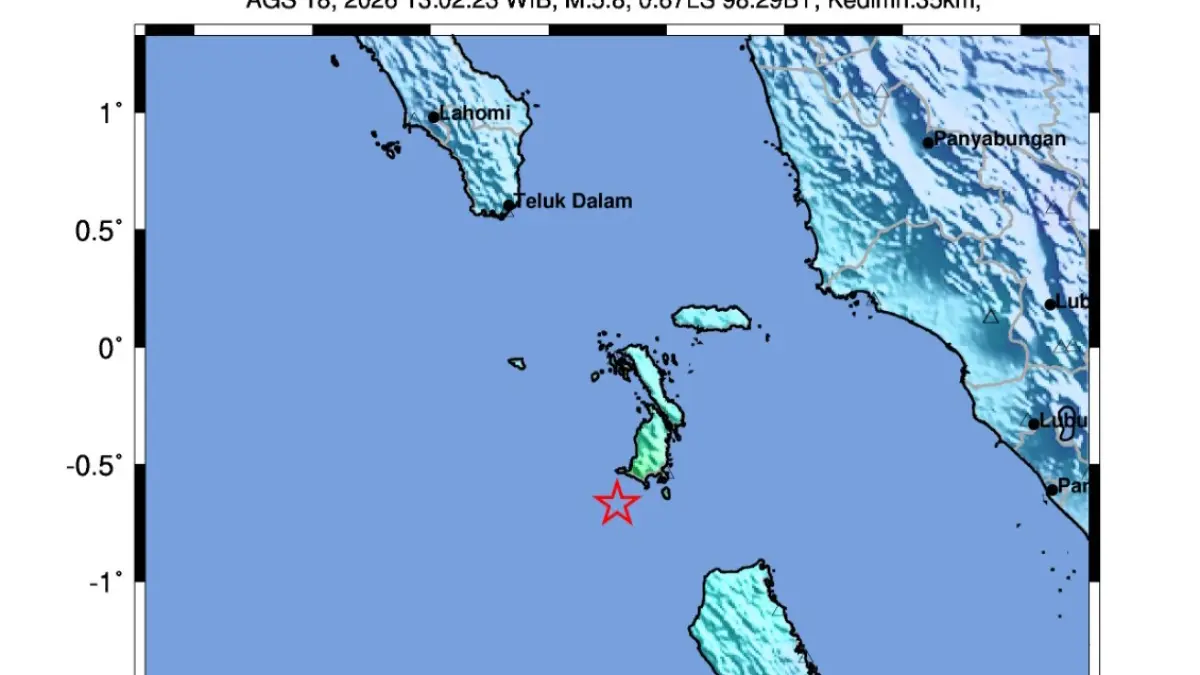 Peta terjadinya gempa bumi tektonik di Sumut. (Dok: BMKG)
