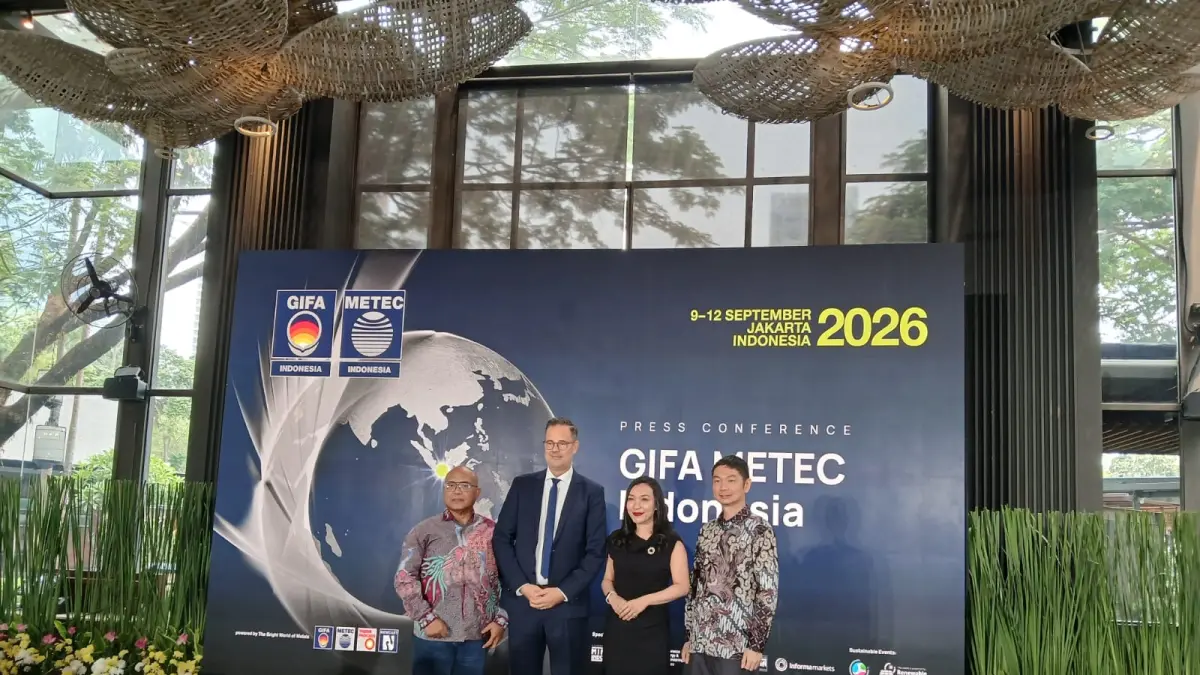 [Ki-Ka] Dadang Asikin (Ketua GAMMA), Lars Wismer (Managing Director Messe Düsseldorf Asia), Lia Indriasari (Country General Manager PT Pamerindo Indonesia), Iwan Lukito (Wakil Ketua Umum APLINDO) di Jakarta (19/8/2026). (Istimewa/Sumut Pos)