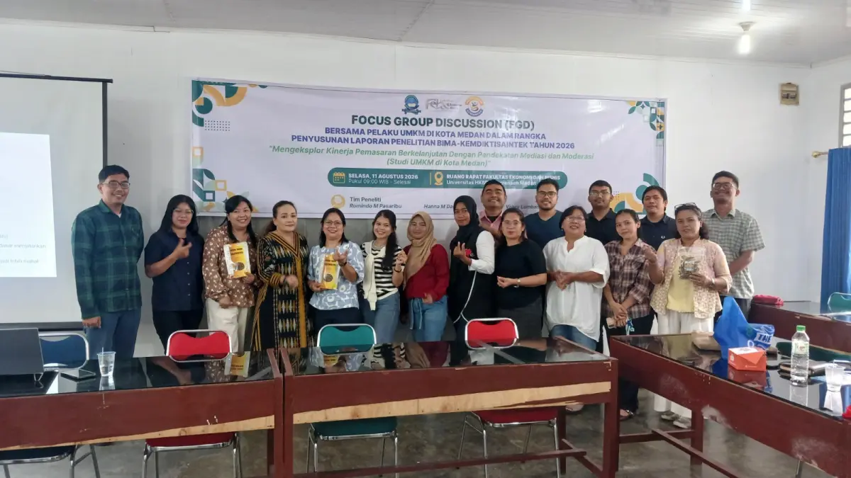 Kegiatan Fokus Grup Diskusi (FGD) yang digelar tim dosen Program Studi Manajemen Universitas HKBP Nommensen (UHN) Medan yang memenangkan hibah penelitian dari Kemendiksaintek Tahun 2026. (Istimewa)