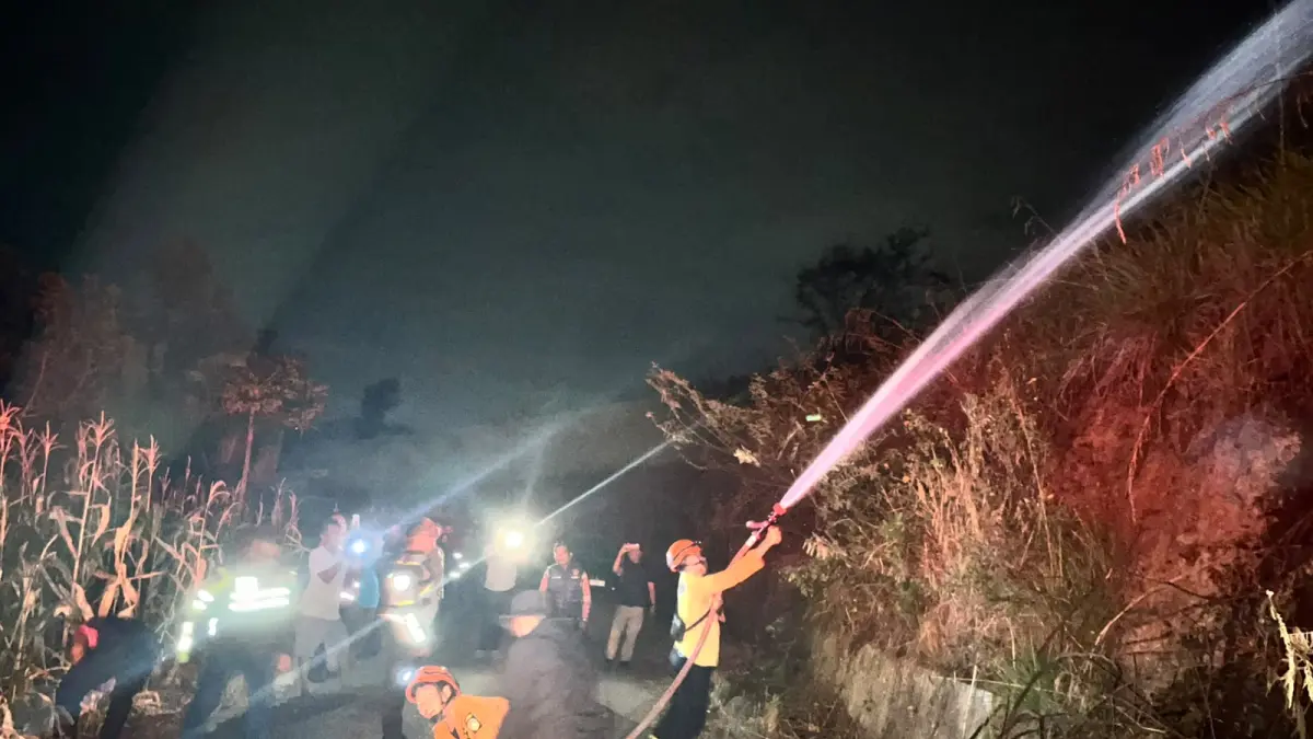 PADAM: Petugas saat memadamkan Kebakaran hutan dan lahan (karhutla) di Desa Siboro, Kecamatan Sianjar Mula Mula, Kabupaten Samosir, Selasa (25/8/2026) malam.(Dok : Dinas LHK Sumut)
