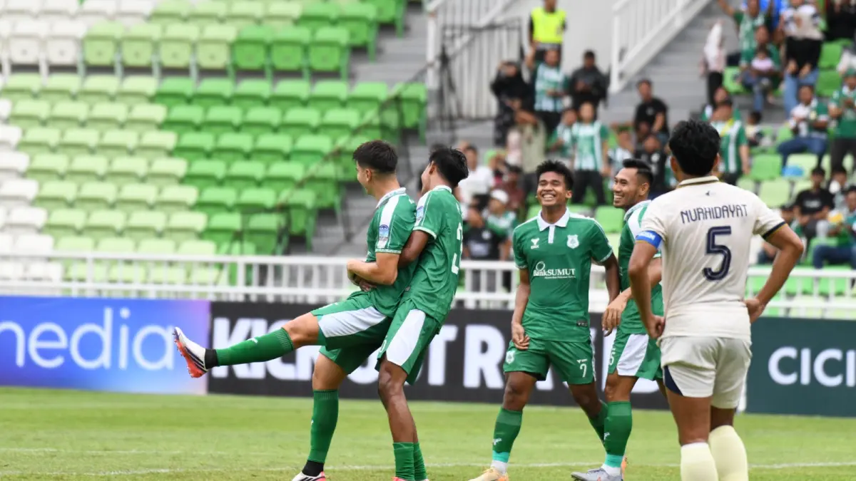 RAYAKAN: Pemain PSMS Medan merayakan gol ke gawang Persiku Kudus di Stadion Utama Sumatera Utara, Minggu (20/9/2026). (Dok PSMS)