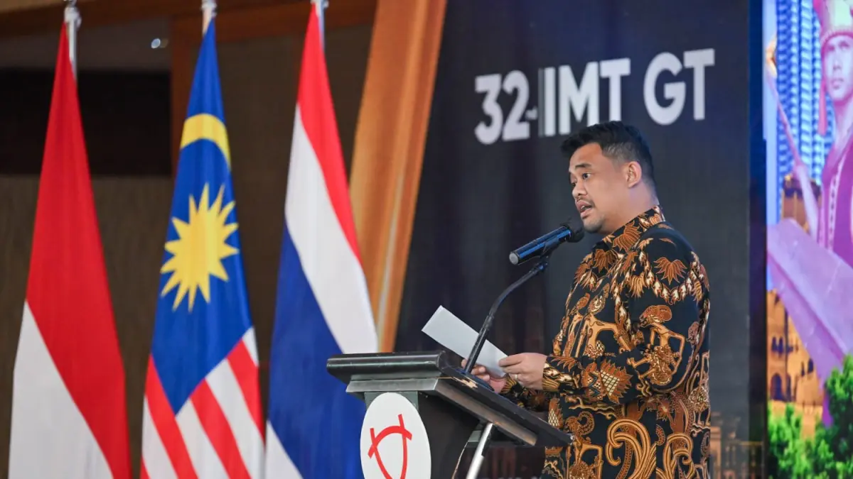 IMT GT: Gubernur Sumut Muhammad Bobby Afif Nasution menyampaikan pemaparan di acara IMT GT di Hotel JW Marriott, Medan, Kamis (10/9/2026). (Dok : DISKOMINFO SUMUT)