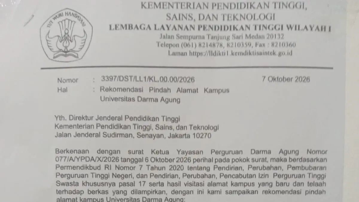 Surat rekomendasi pindah alamat kampus UDA. (Dok: LLDIKTI Sumut)