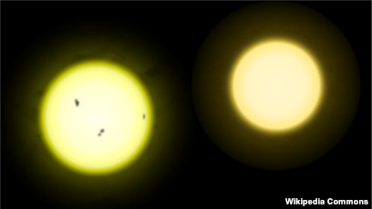 Perbandingan ukuran Matahari (kiri) dengan Tau Ceti, matahari yang terdapat dalam gugus bintang Cetus (foto: ilustrasi). Ilmuwan berhasil menemukan empat planet baru yang mengorbit Tau Ceti.