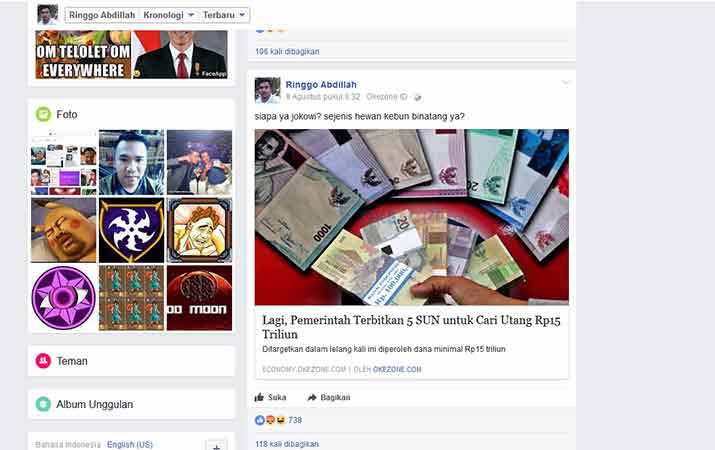 Akun Facebook Ringgo Abdillah alis Raketen Warnung yang diduga menghina Presiden Jokowi.