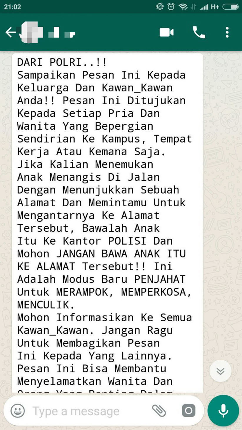 Informasi hoax tentang anak tersesat sebagai modus kejahatan.