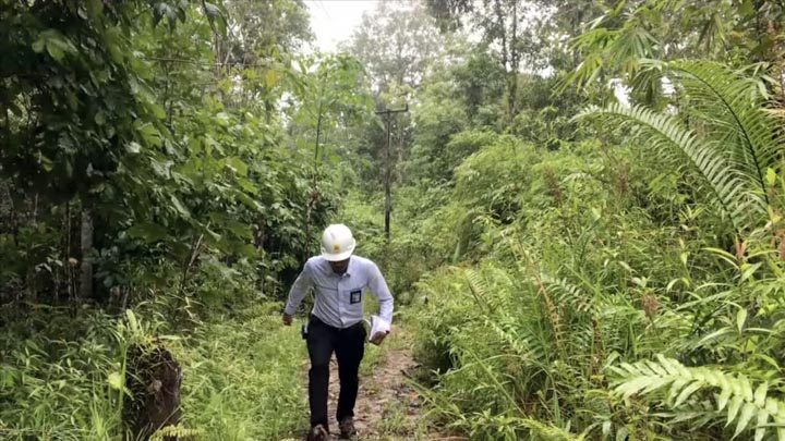 Pegawi PLN, Marudut Alfreddy Sinaga menaiki lereng bukit untuk mengecek pohon yang mengganggu kabel listrik.