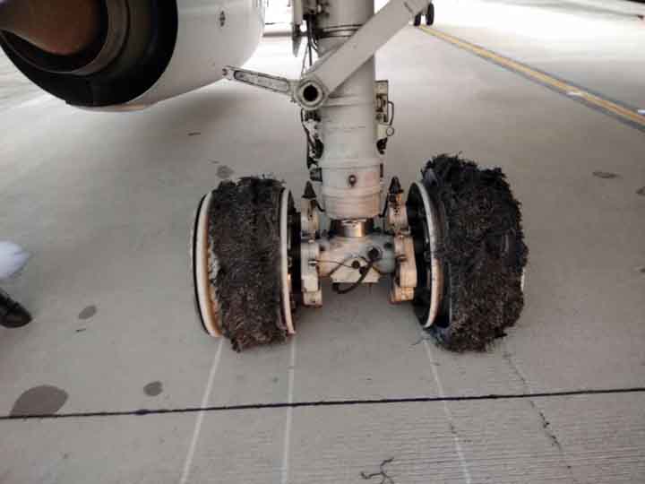 Foto: Istimewa  Kondisi ban pecah pesawat Garuda saat mendarat di Bandara Kualanamu, Deliserdang, Senin (11/6/2018). Informasinya pecah ban pesawat Garuda terjadi saat landing.