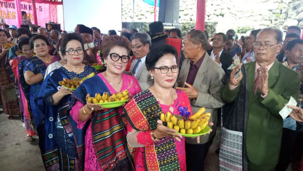 ISTIMEWA BAWA PISANG: Paniaran (isteri) Sianturi Lumban Gambiri membawa pisang yang dibawa Hahadoli Sianturi Simangonding
