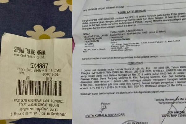 Bukti tanda masuk parkir dan laporan polisi (kanan), Rabu (7/8).