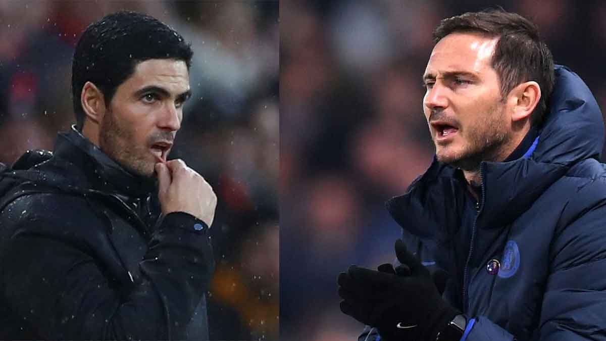 ADU TAKTIK: Pelatih Arsenal Mikel Arteta dan pelatih Chelsea Frank Lampard beradu taktik dalam derby London.