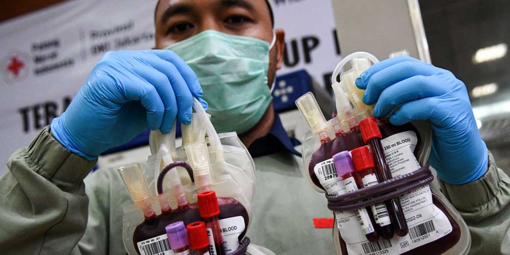 STOK DARAH:  Petugas dari PMI Kota Medan menunjukkan kantongan berisi darah dari donor.Sejak masa pandemi Covid-19, kondisi stok darah di Unit Donor Darah (UDD) Palang Merah Indonesia Cabang Medan sudah mengalami penurunan dan mengakibatkan tidak stabil.