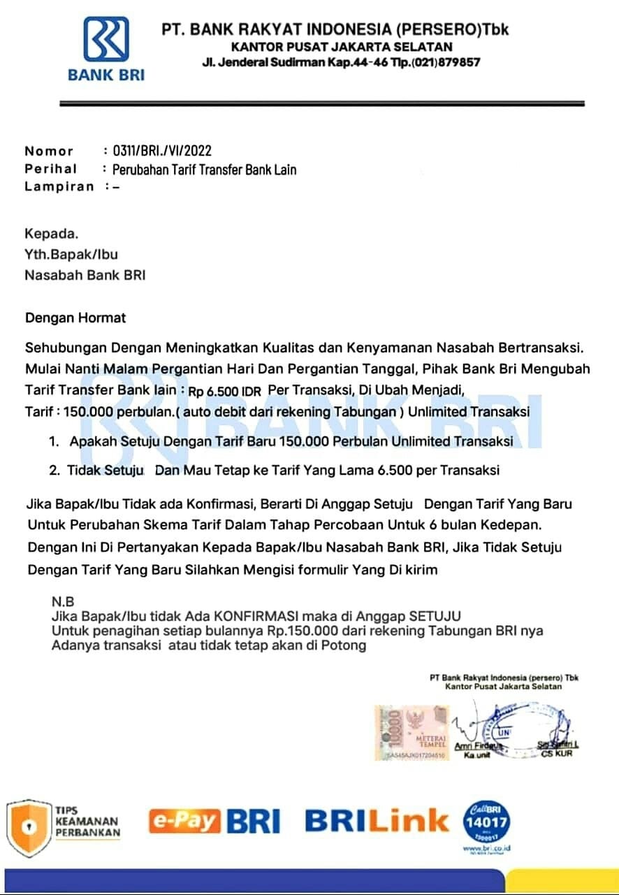 Surat selebaran perubahan tarif transfer bank lain, yang dikeluarkan atas nama PT Bank Rakyat Indonesia (Persero) Tbk, yang ternyata adalah Hoaks. Istimewa/Sumut Pos