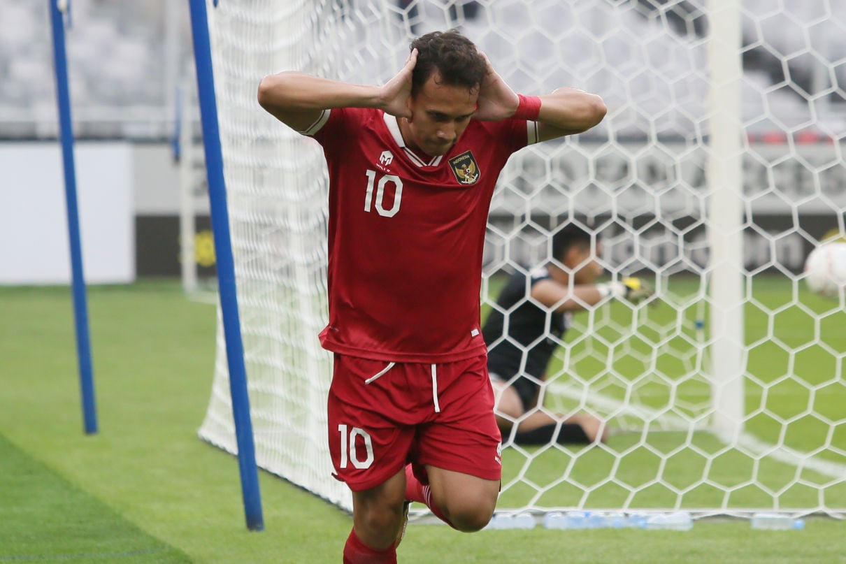 SELEBRASI: Striker Timnas Indonesia Egy Maulana Vikri melakukan selebrasi usai mencetak gol di Piala AFF 2022. Saat menhadapi Thailand sore ini, Egy diharapkan mampu mencetak gol lagi.