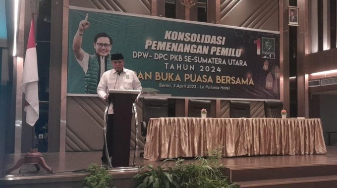 Ketua DPW PKB Sumut HM Jafar Sukhairi Nasution di Le Polonia Hotel Medan, Senin (3/4/2023) sore. (Dewi Syahruni Lubis/Sumut Pos)