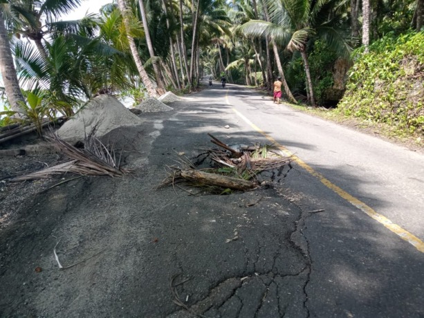 AMBLAS: Jalan Nasional dari Teluk Dalam menuju Gunungsitoli amblas dan hanya ditutupi daun kelapa.