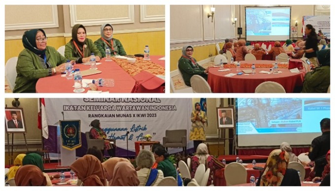 Ketua IKWI Sumut Hj Fadia Achri Yulan atau Beby bersama Julia Tarigan dan Hartati Rangkuti (seragam hijau) saat mengikuti seminar nasional rangkaian kegiatan Munas X IKWI di Jakarta