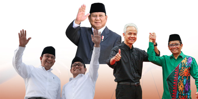 TINGGAL PRABOWO: Dua pasangan yakni Anies Baswedan-Muhaimin Iskandar dan Ganjar Pranowo-Mahfud MD telah mendeklarasikan diri sebagai calon presiden dan calon wakil presiden. Hingga kini, Capres Prabowo Subianto yang belum memiliki cawapres.