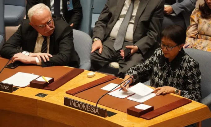 DEBAT TERBUKA: Menteri Luar Negeri Retno Marsudi menyampaikan dukungan Indonesia untuk Palestina saat debat terbuka Dewan Kemanan PBB, di New York, Rabu (24/1).