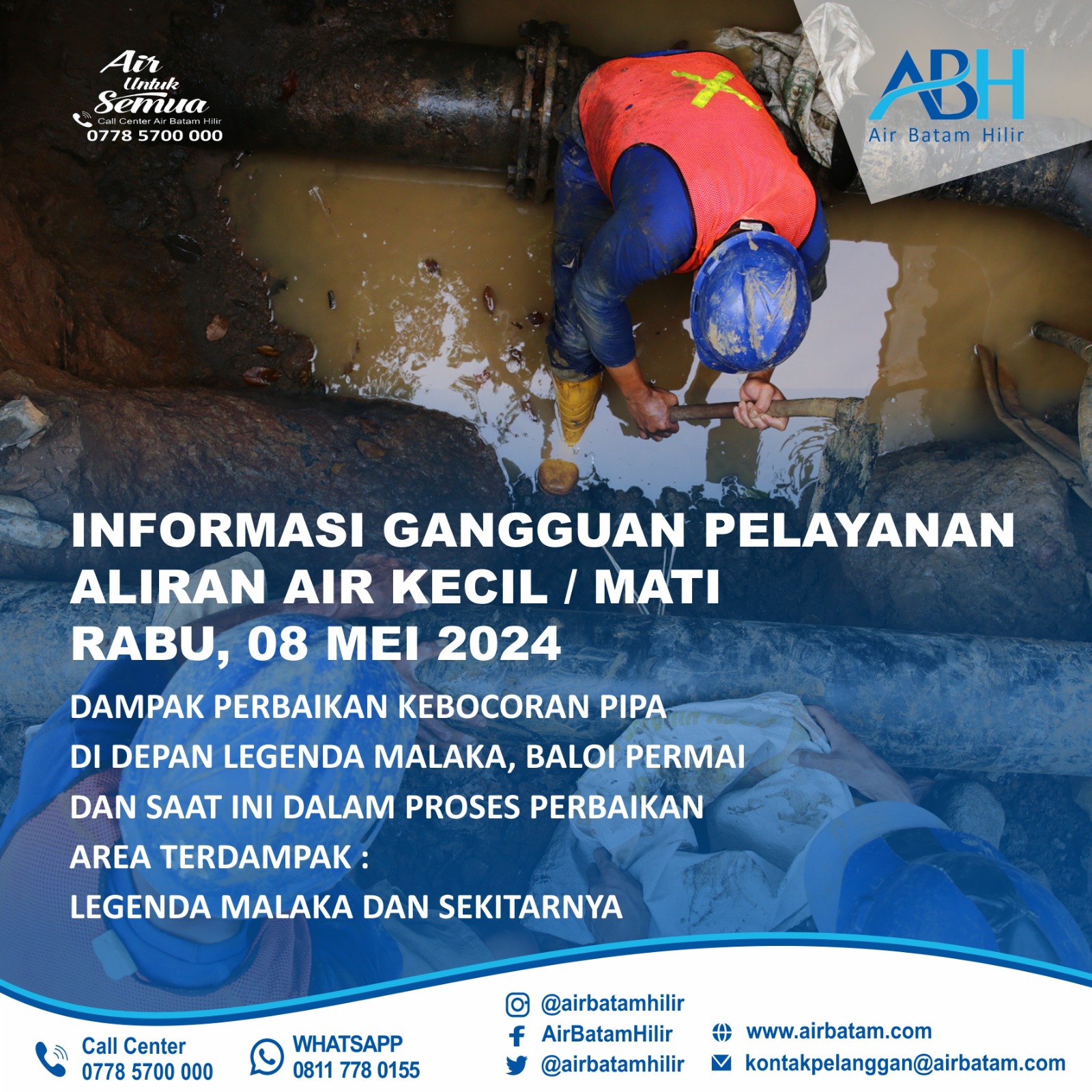 Informasi gangguan pelayanan aliran air kecil atau mati dari ABH.